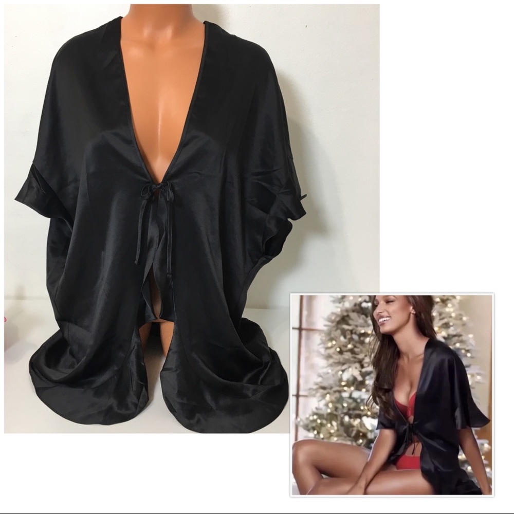 NEW VICTORIA’S SECRET KIMONO SATIN ROBE BLACK - Picture 1 of 8